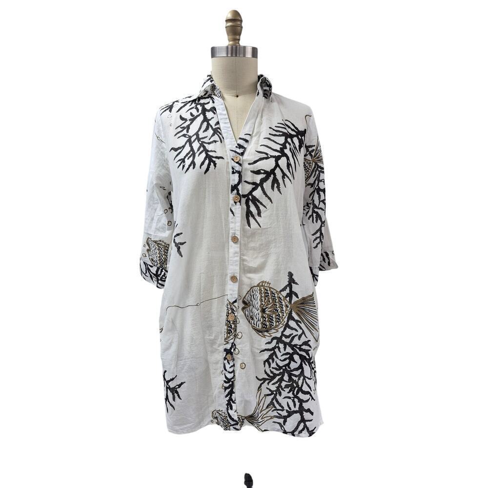 CZ Cover-Ups /Dress 100% Cotton Button Down Brown /White Coral Fish Print Sz S
